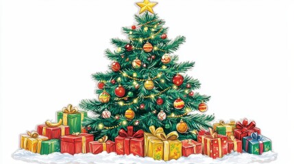 Festive Christmas Tree with Colorful Gifts and Holiday Decorations