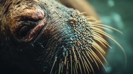 Fototapeta premium A close-up of an intricate walrus face with wet, textured skin and protruding whiskers, capturing the wild essence of this majestic creature.