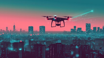 Smart drone over futuristic cityscape with dynamic data projection