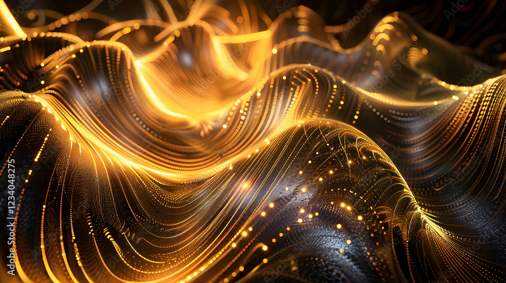 Poster a mesmerizing abstract representation of flowing waves with golden and black patterns.