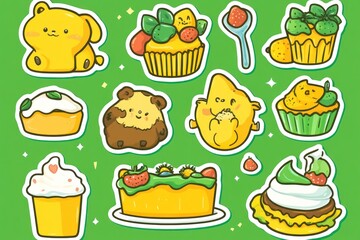 Cute yellow dessert stickers; sweet treats; green background; digital art; baking blog