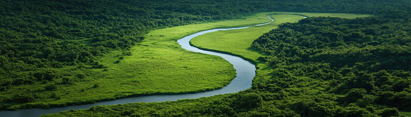 A winding river flows through a lush green landscape, framed by dense foliage and rolling hills under a bright sky.