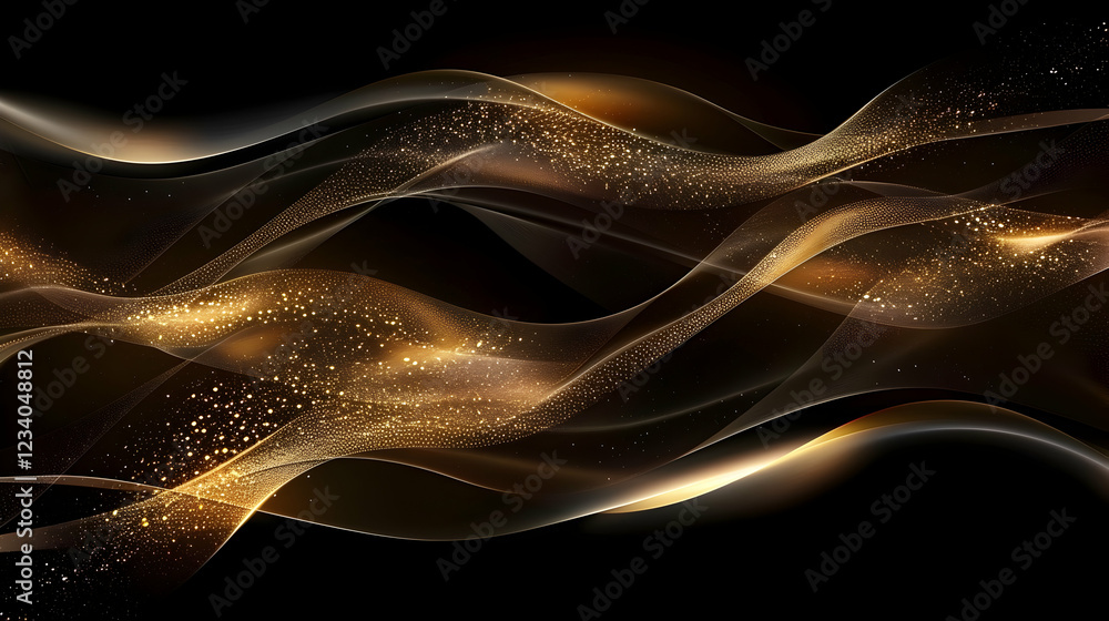 Poster abstract golden waves with sparkling elements on a black background.