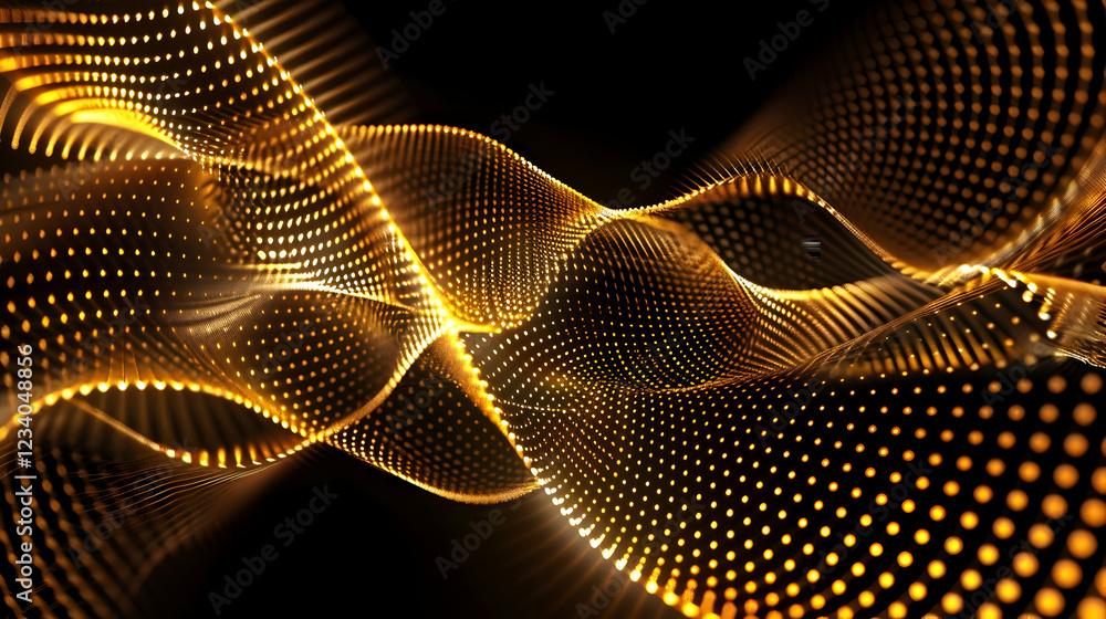 Poster abstract golden wave pattern with dotted texture on a dark background.
