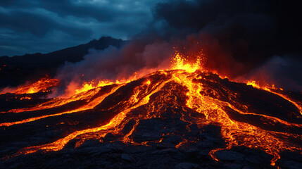 A dramatic volcanic eruption with flowing lava against a dark, smoky sky, showcasing nature's raw power and beauty.