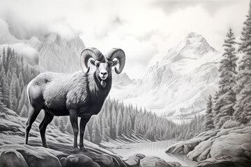 Ram Animal Discovery Wild Nature Ink Sketch Style