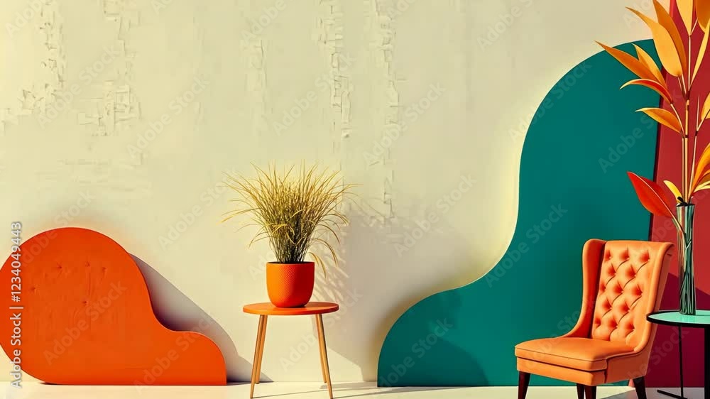 Poster a chair is sitting in front of a wall with a green and blue stripe. a vase with a plant is sitting o