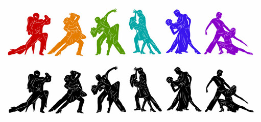 Paired dancing silhouettes of people, dancers man and woman, girl and guy. Vector illustration of dance. Tango. Waltz.