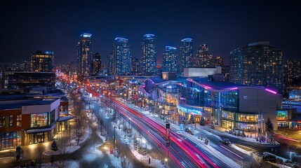 Obraz premium Cityscape at night featuring buildings with glowing lights and car light trails across the road