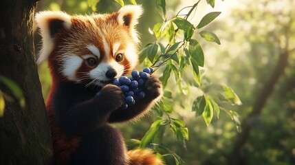 Obraz premium A red panda climbing a tree, holding a bunch of blueberries in its mouth.