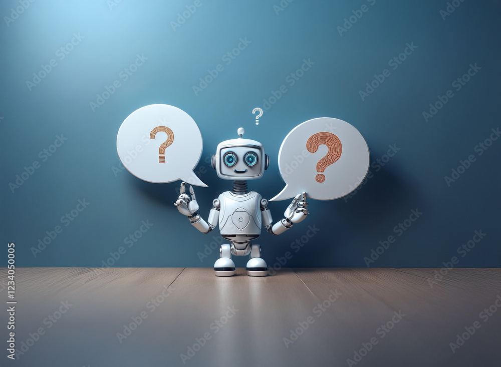 Poster a curious robot contemplates two questions, symbolized by speech bubbles. its pose suggests indecisi