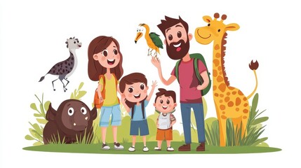 Obraz premium Fun Family Adventure in Nature with Cartoon Animals and Birds