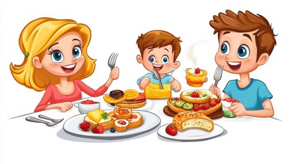Happy Family Enjoying a Delicious Breakfast Together with Kids