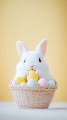 cute Easter bunny holding yellow egg surrounded by pastel eggs in basket