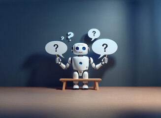 A small, white robot sits on a wooden bench, contemplating several question mark speech bubbles.  It's a scene of uncertainty and technological curiosity.