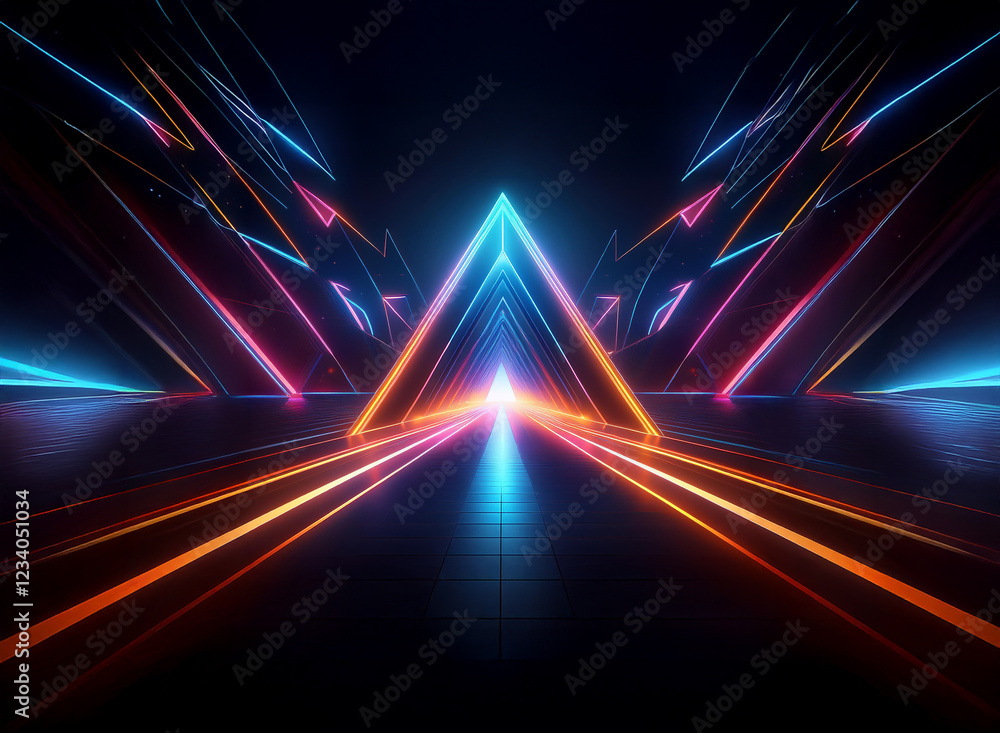 Poster vibrant neon lights illuminate a futuristic, symmetrical scene. a glowing triangle structure stands 