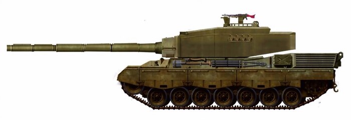 A modernized version of the Leopard 1 tank, with a new turret and 125mm gun, known as the Leopard 1A6-125 © Tikros