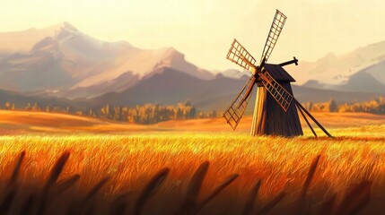 Wooden windmill in golden field with distant mountains background