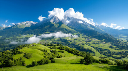 Fototapeta premium Sunny alpine valley panorama, scenic mountain view