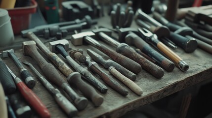 A collection of well-used tools lies organized on a workbench, representing craftsmanship and the art of skilled manual labor in a rustic setting.