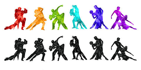 Paired dancing silhouettes of people, dancers man and woman, girl and guy. Vector illustration of dance. Tango. Waltz.