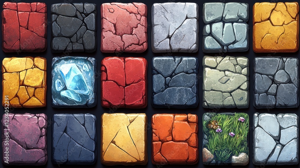 Poster a grid of textured stone tiles, featuring various colors and patterns.