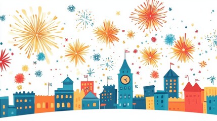 Obraz premium Colorful Fireworks Above a Festive City Skyline at Night Time