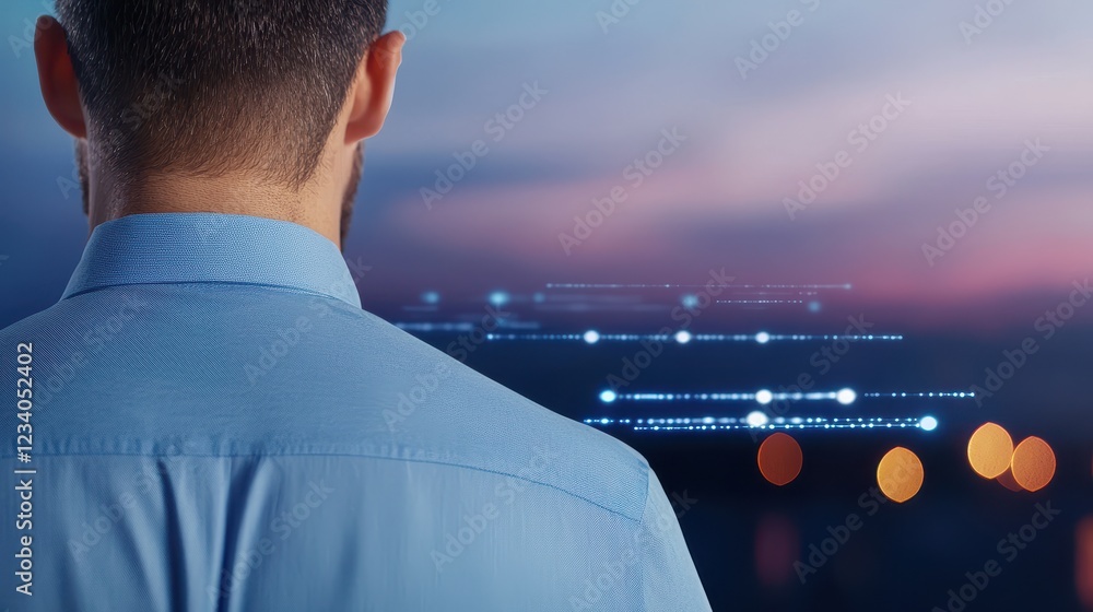 Poster man observing cityscape with digital data overlay