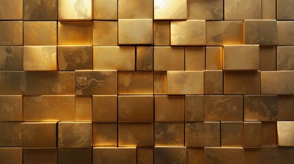 Abstract golden textured wall made of shiny 3d cubes and blocks