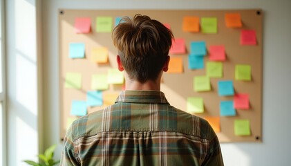 Person reviewing colorful notes on a board, planning or brainstorming ideas.