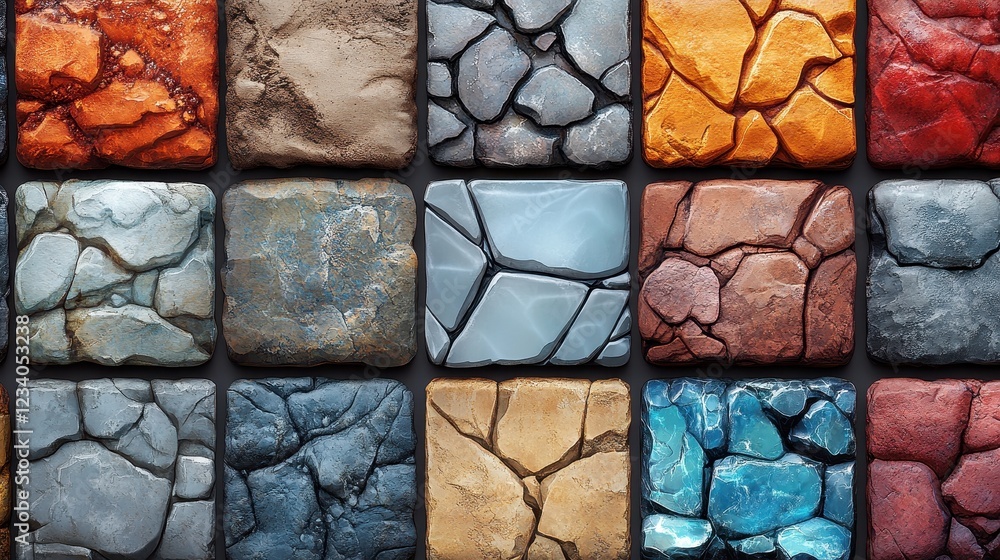 Poster a collection of textured stone tiles in various colors and patterns.