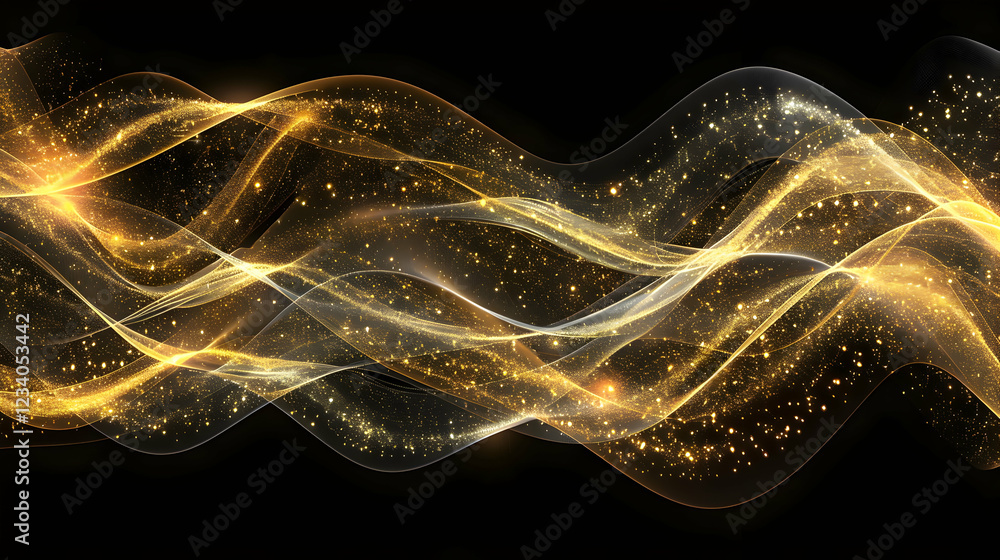 Poster abstract golden waves with sparkling elements on a black background.