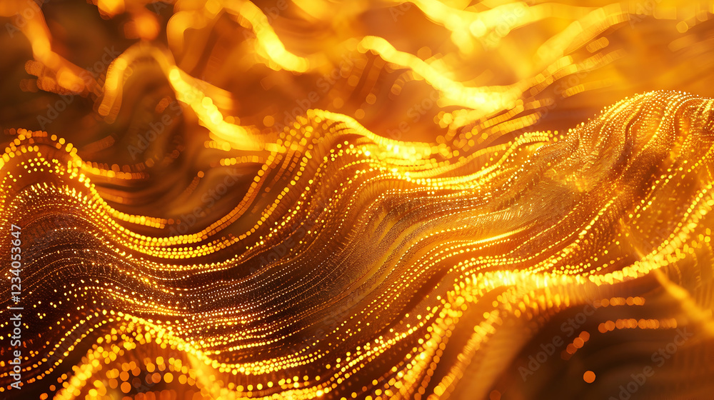 Poster abstract golden waves with shimmering light, creating a fluid, dynamic visual effect.