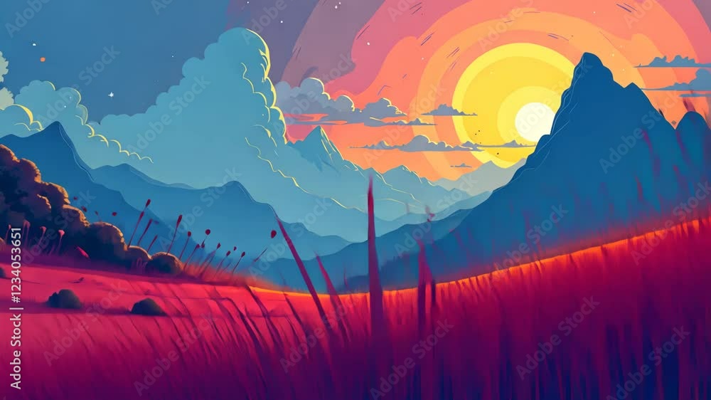 Poster a mountain range with a tree in the foreground. the sky is orange and blue. the sun is setting