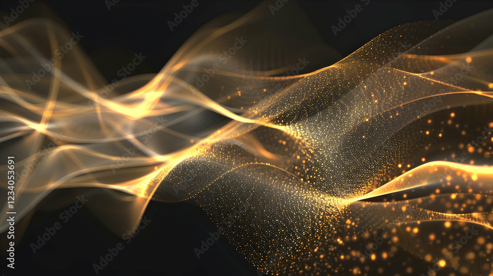 Poster abstract waves of light and particles create a dynamic, flowing visual effect.