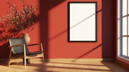 Modern Interior Design with Red Wall, Leather Armchair, and Empty Frame Mockup