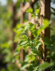 Fototapeta premium Emerald Sprigs Ascending a Wooden Trellis in Soft Sunlight Depth of Field