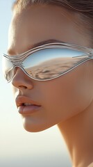 Naklejka premium Close-up of woman wearing futuristic sunglasses reflecting nature