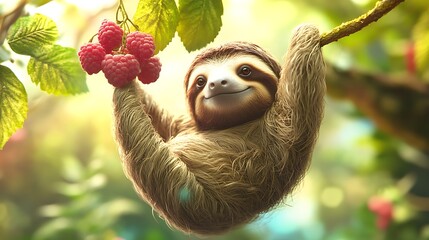 Fototapeta premium A sloth dangling from a branch, holding a cluster of raspberries.