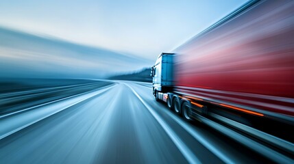 A blurred shot of a truck transporting freight on a busy highway, with the vehicle moving quickly to deliver goods, captured with motion blur for dramatic effect, isolated on a white background