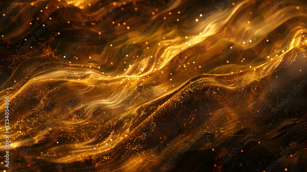 Poster a flowing abstract design featuring golden waves and sparkling particles.