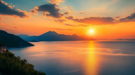 Fototapeta premium A breathtaking sunset over the Peloponnese peninsula in Greece, capturing the calm of Feierabend, isolated on a white background to emphasize tranquility