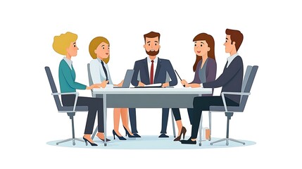 A clear image of a manager distributing tasks during a meeting, with employees receiving assignments, isolated on a white background to emphasize teamwork and efficiency