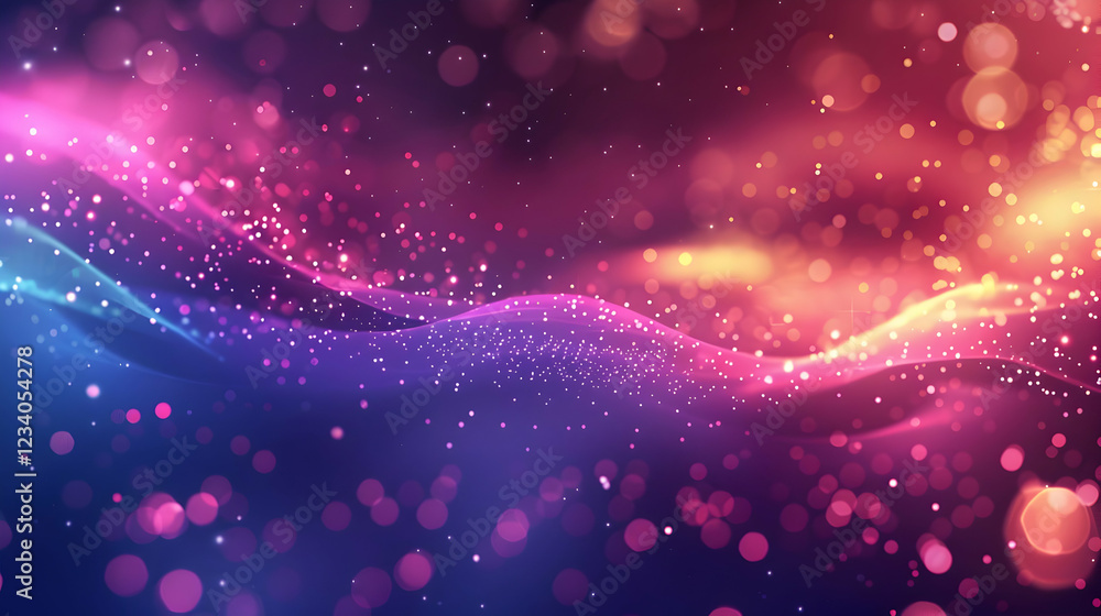Poster abstract colorful waves with glowing particles creating a vibrant visual effect.