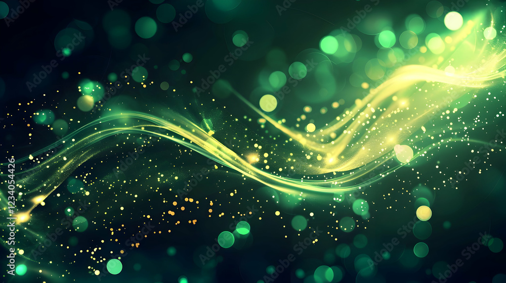 Poster abstract wave of light with glowing particles and a soft green and blue color palette.