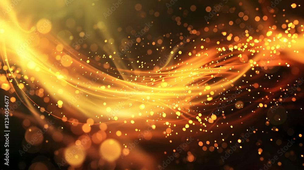 Poster a vibrant swirl of golden light and particles, creating a dynamic abstract background.