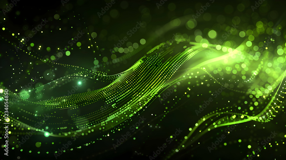 Poster abstract green wave design with glowing particles and lines.
