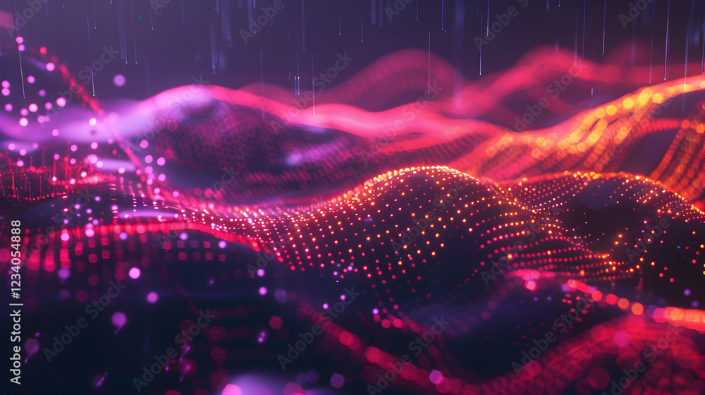 Poster abstract digital landscape with flowing waves of light and particles.