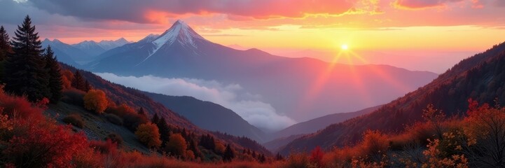 Fototapeta premium Misty sunrise over a vast mountain range, vibrant fall colors , spectacular, nature