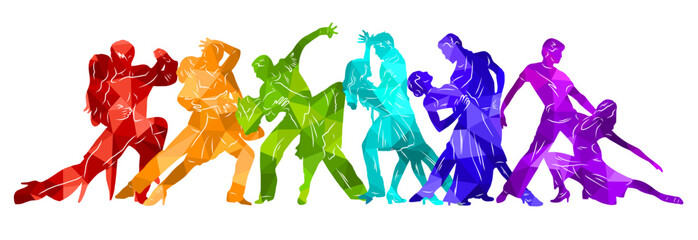 Paired dancing silhouettes of people, dancers man and woman, girl and guy. Vector illustration of dance. Tango. Waltz.